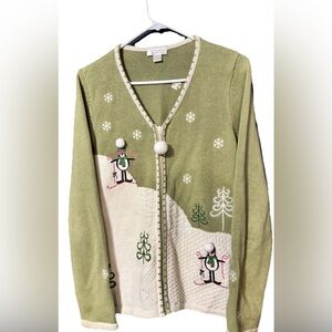 Christopher & Banks Green and Cream Cardigan with Snowman Design